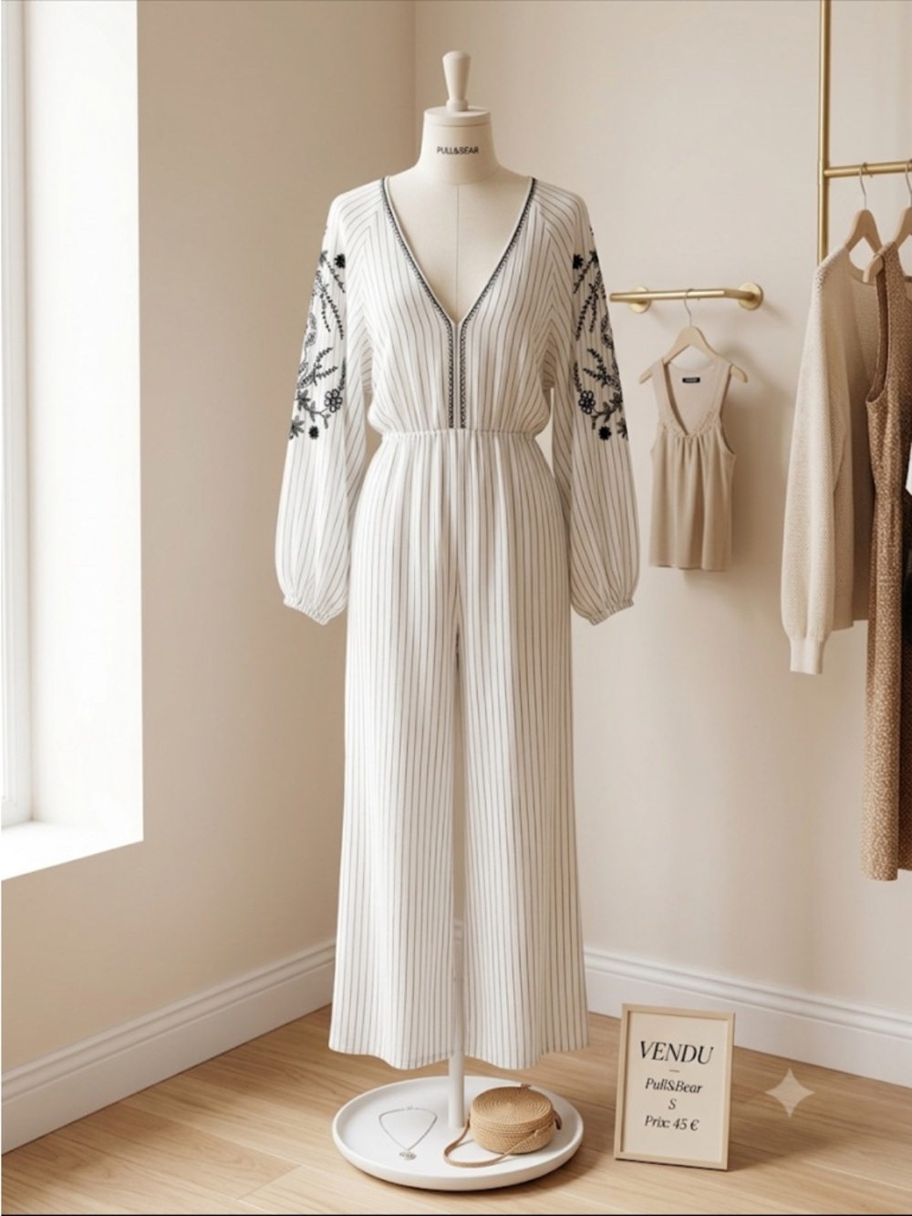 Pull&Bear White Long-Sleeve Embroidered V-Neck Jumpsuit